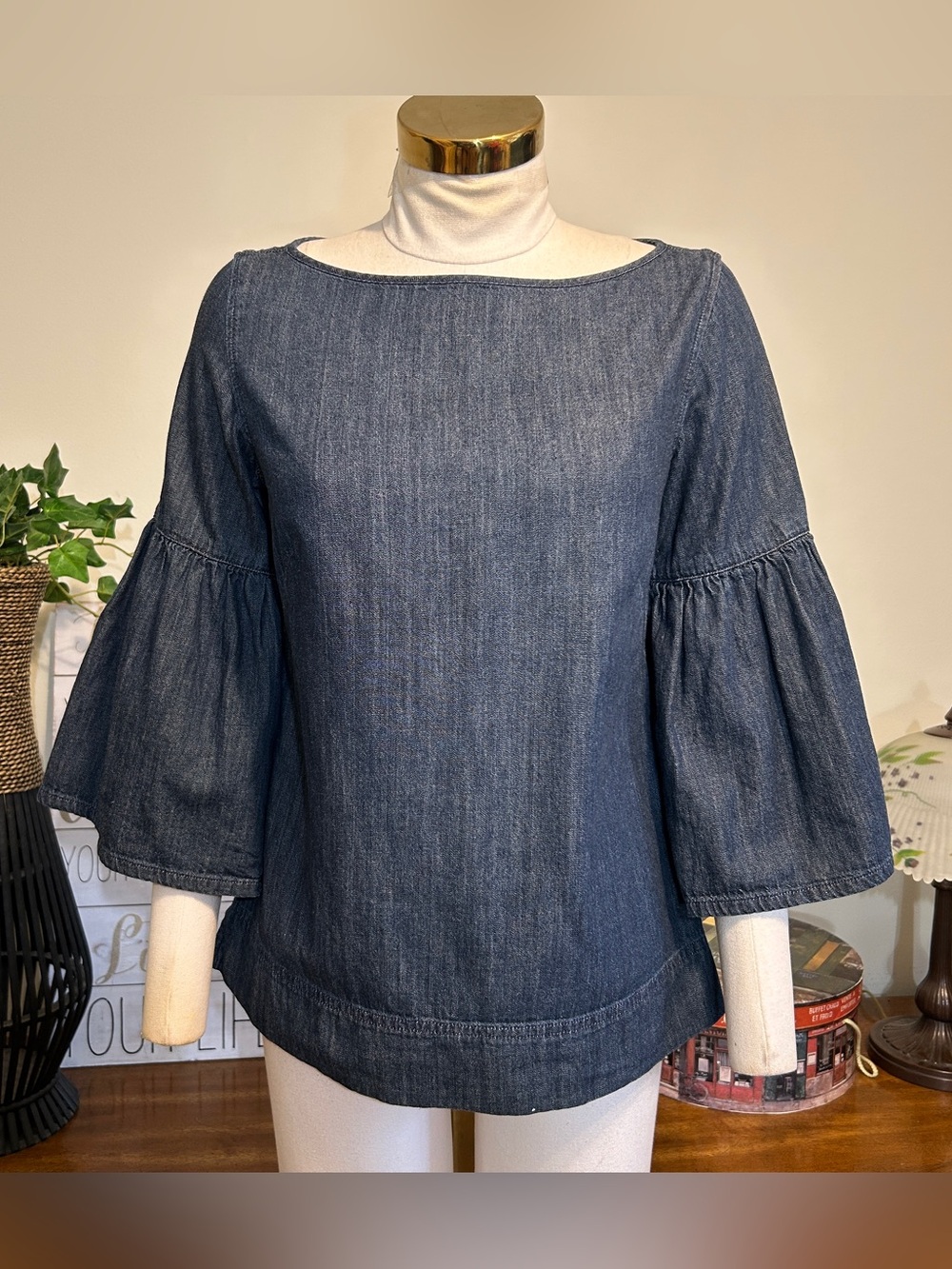Ralph Lauren Blue Chambray Denim Zip Back Bell Sleeve Blouse Top